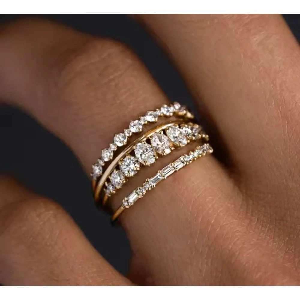 Elegant Triple Band Cubic‎ Zirconia Ring Stack 18k gold overlay Wedding Band Set